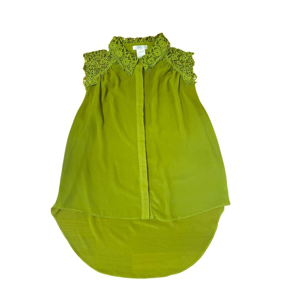 Lace Trim Sleeveless High-Low Blouse By Esley Size M Bright Green Polyester